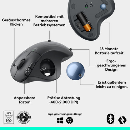 Logitech ERGO M575S wireless trackball mouse, wireless ergonomic mouse with Bluetooth and encrypted dongle, comfortable thumb control, for PC/Mac - Graphite