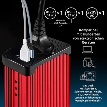 Odoga inverter 12V to 230V - 300W power converter with 3A USB-C and USB-A ports, inverter 12V 220V for car socket, charge your laptop, iPad, iPhone, tablet, and more.