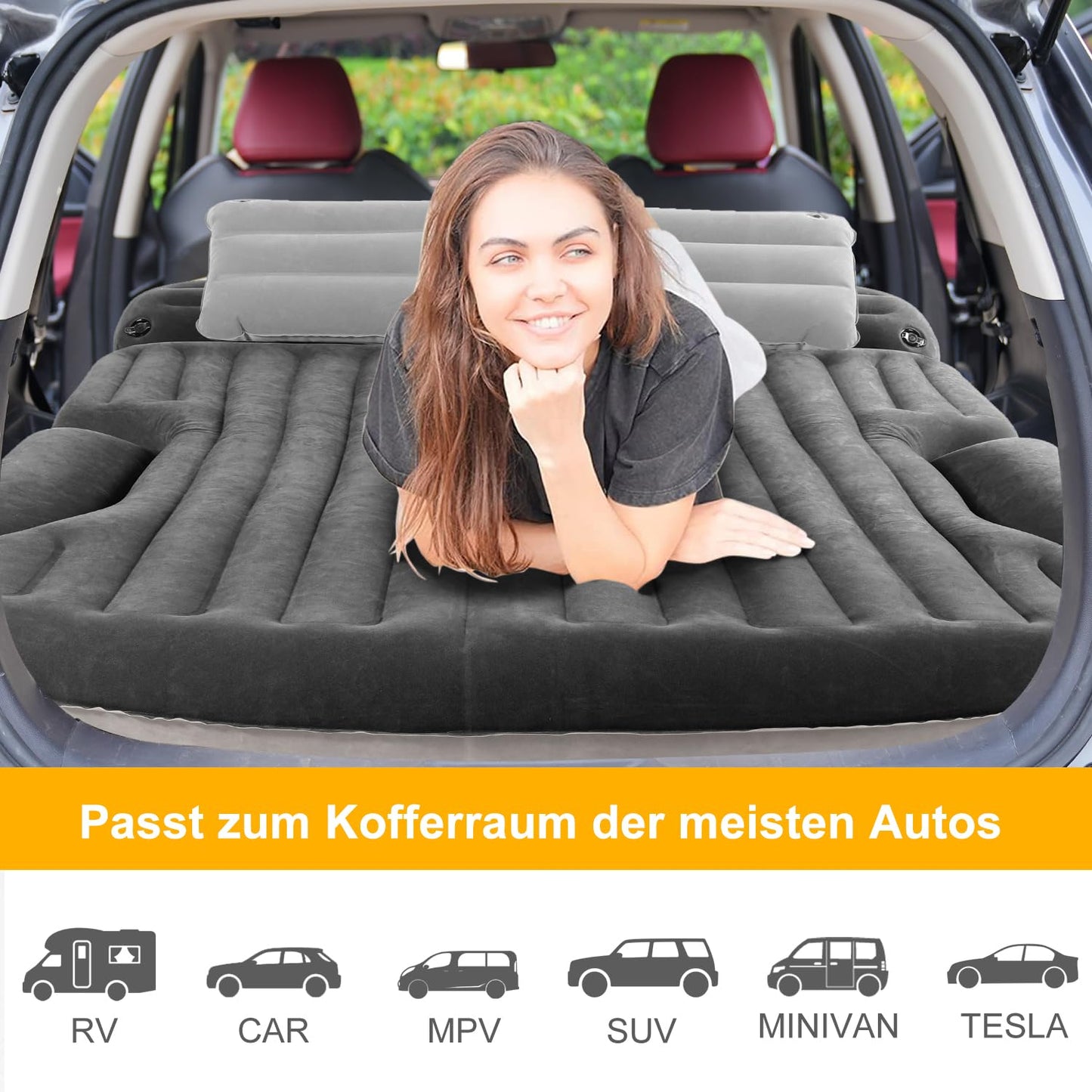 KMZ Car Mattress, 2 Pillows Car Air Mattress, Double-sided Thickened Flocked Auto Mattress Camping Inflatable Car Bed for Trunk Backseat (Dark Grey)