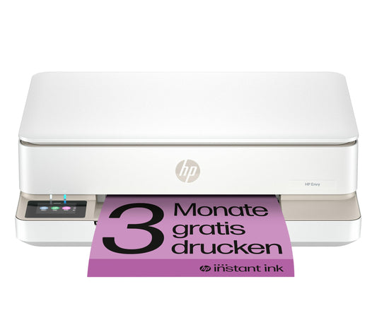 HP ENVY 6120e, all-in-one printer, 3 months of free printing with HP Instant Ink included, print, copy, scan, mobile faxing, Wi-Fi, automatic double-sided printing.