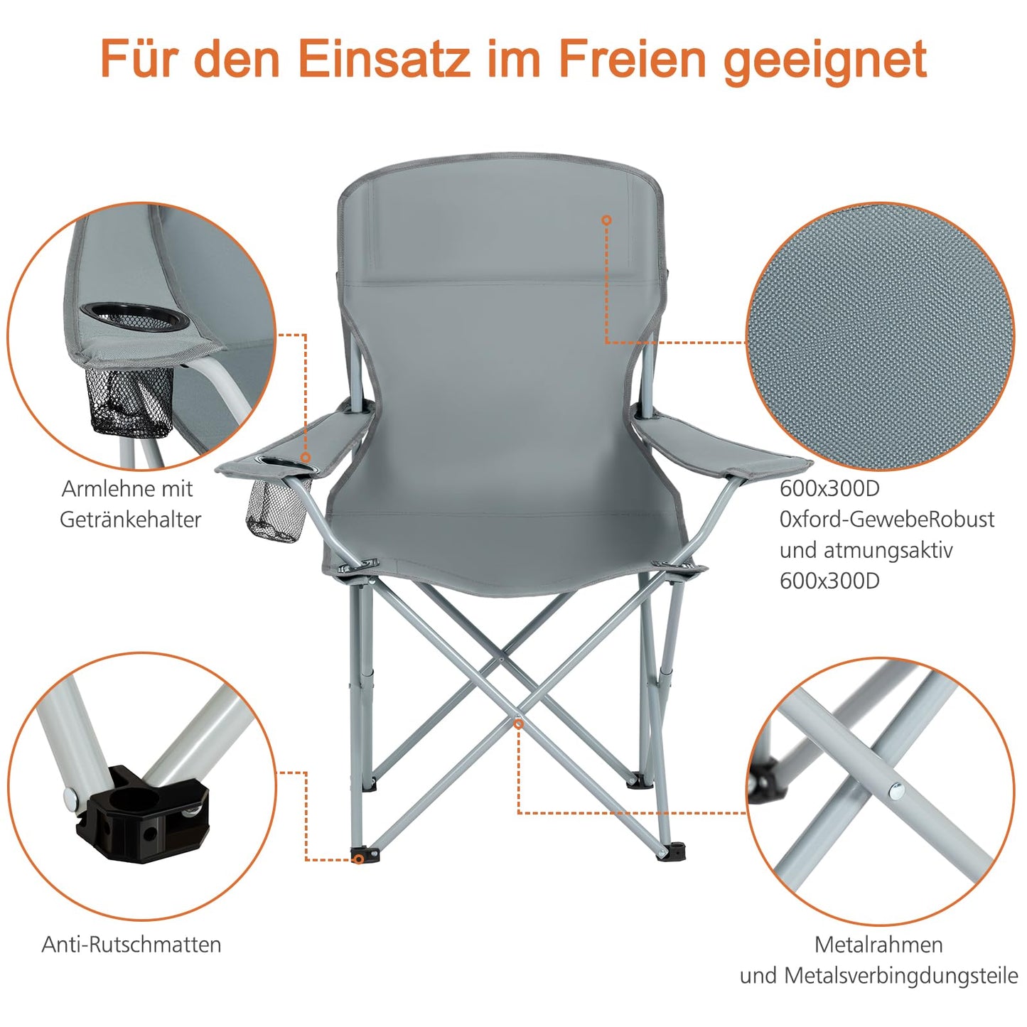 AMHANCIBLE Folding Camping Chair 2 Pack, Foldable Fishing Chair with Cup Holder, Garden Chair with High Backrest, Folding Camping Chair with Armrests, Lightweight, Portable Camping Chairs, up to 150kg EOCC02GY