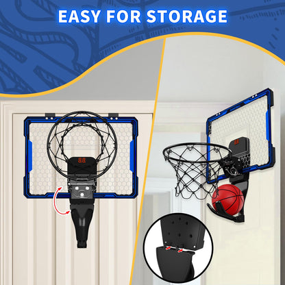 HYES Mini basketball hoop with 7 lighting for kids, electronic scoreboard, 3 balls, pump, indoor outdoor basketball hoop sports toy for kids, blue.