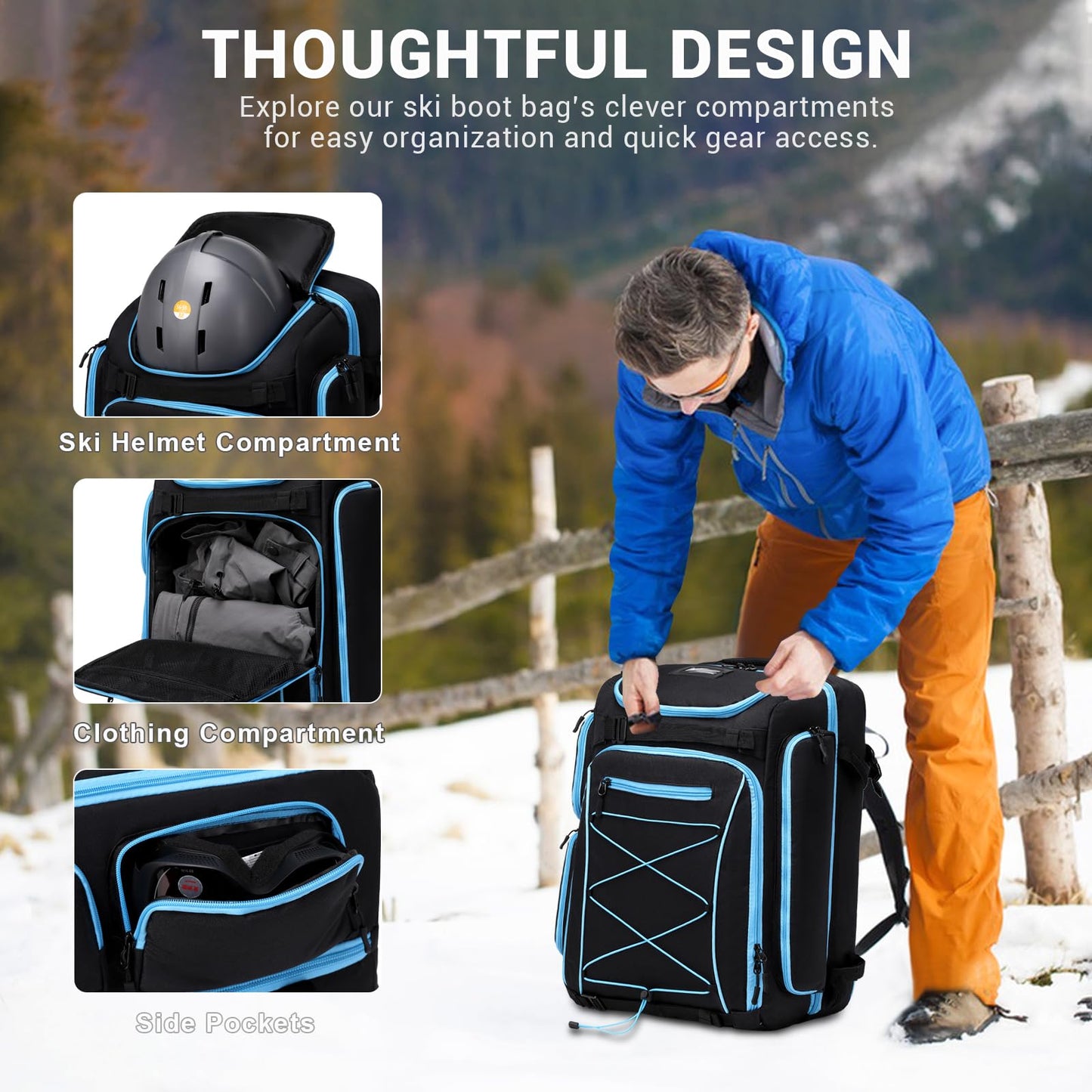 FIXITOK ski boot bag with helmet compartment and backpack straps, 60L ski backpack ski boot backpack with helmet pouch, ski bag siksack for ski boots, snowboard.