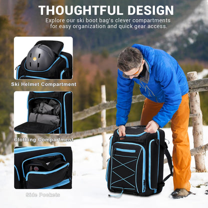 FIXITOK ski boot bag with helmet compartment and backpack straps, 60L ski backpack ski boot backpack with helmet pouch, ski bag siksack for ski boots, snowboard.