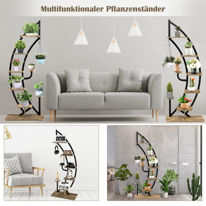 GOPLUS 6-tier Flower Stand Metal, half-moon Plant Stand with Shelves & Hooks, Plant Rack Flower Shelf Flower Stairs Plant Stairs for Living Room, Bedroom, Balcony (Brown, 2)