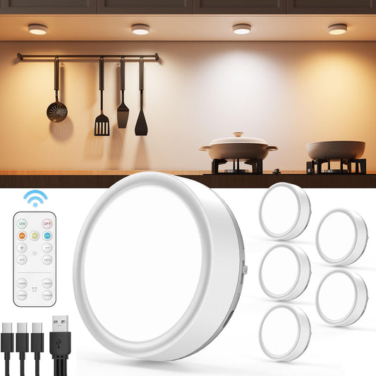 Rechargeable LED spot with remote control, 2400mAh battery operated wirelessly dimmable display lighting with timer and magnet, round under cabinet light kitchen battery without cable USB-C cabinet lighting.