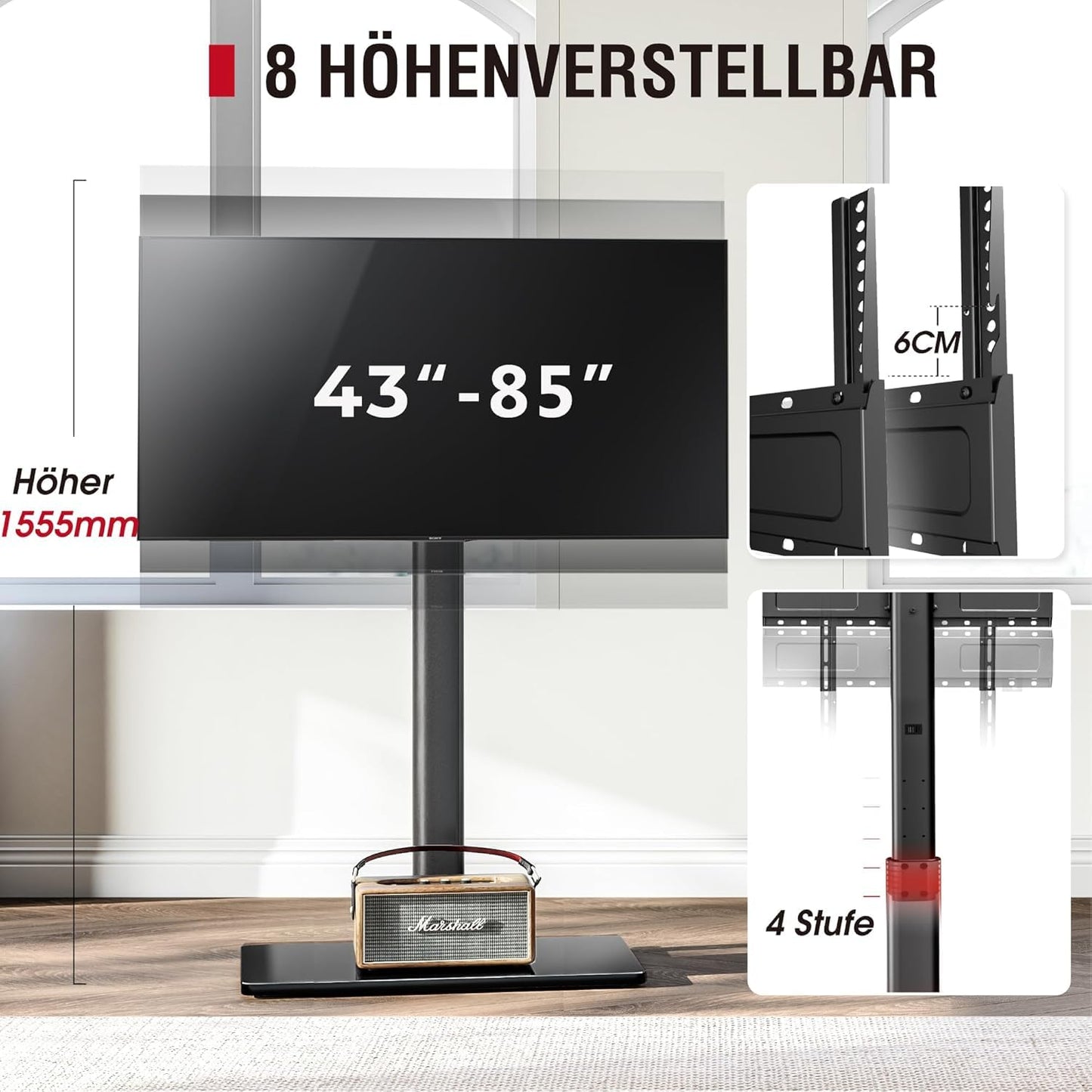 AOKCOS TV stand floor stand Height 1.6m for 43-75 85 inch TVs, Tilt Swivel Height Adjustable TV stand, Universal TV stand feet base Max VESA 600x400mm 50KG (Black)