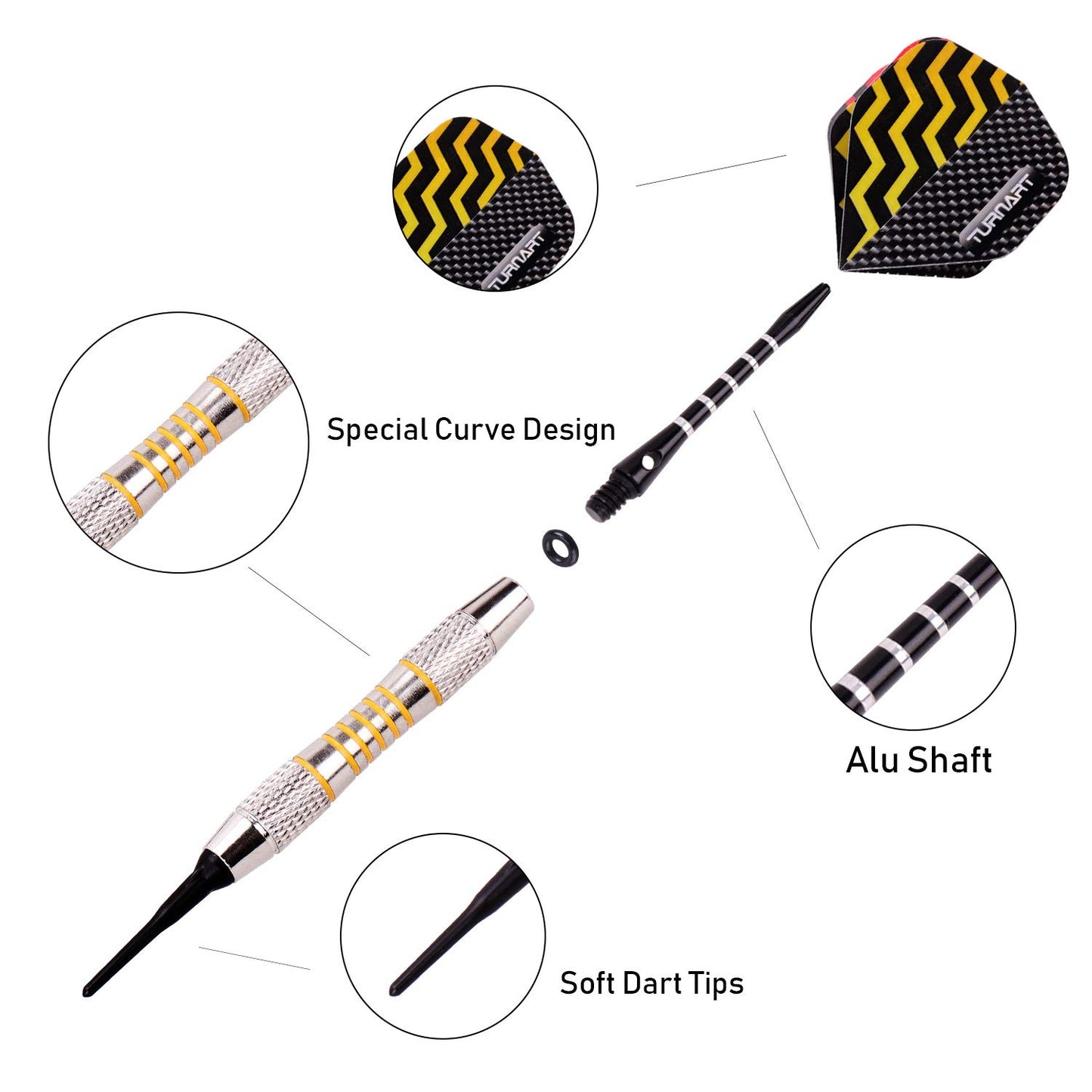 Soft tip darts set of 9 pieces weighing 18 grams, includes 50 extra dart tips, 20 rubber o-rings, 27 flights, and a 9 piece tool kit for electronic dartboards (tungsten).