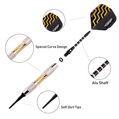 Soft tip darts set of 9 pieces weighing 18 grams, includes 50 extra dart tips, 20 rubber o-rings, 27 flights, and a 9 piece tool kit for electronic dartboards (tungsten).