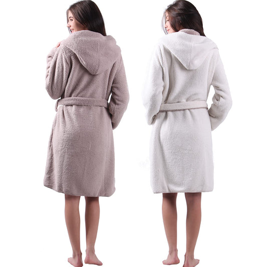 HOMELEVEL Sherpa Reversible Bathrobe in Sheepskin Look for men and women with hood, morning gown, housecoat