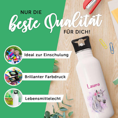 ENGRAVING LINE - Stainless steel water bottle - Ballerina design - Personalized with name - 600 ml - Leak-proof with flip-up spout and integrated straw.
