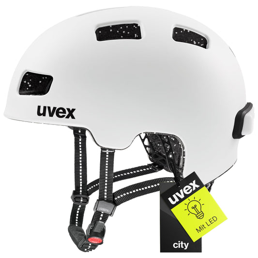 uvex City 4 - Lightweight city helmet for men and women - individual size adjustment - incl. LED light - White Skyfall matte - 58-61 cm