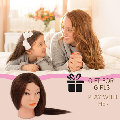 DaizySight Adult Mannequin Head 100% Real Hair, Hairdressing Training Head for Styling and Children, Practice Head Mannequin with Clamp and Hairstyling Tool, Length: 46cm, Dark Brown