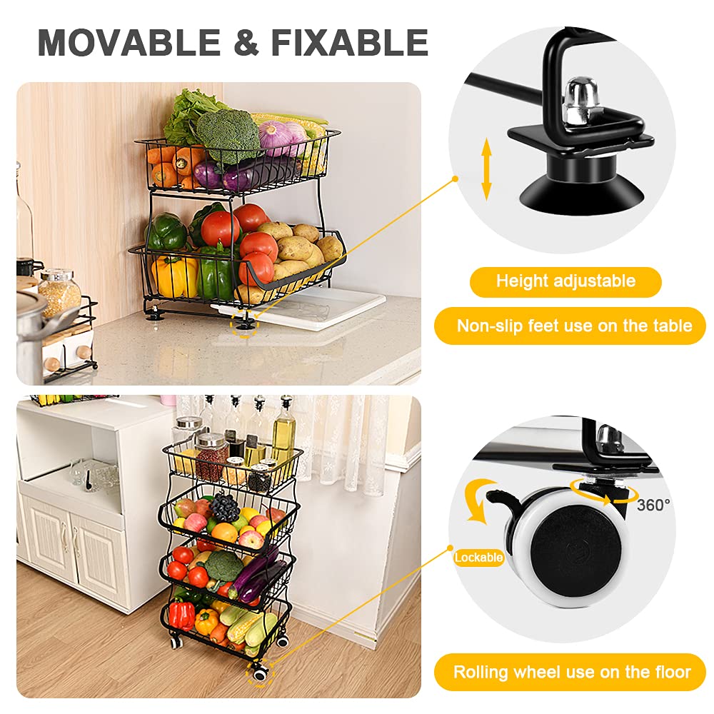 Miyawell fruit basket stand 4 tier fruit stand metal vegetable basket removable fruit holder kitchen storage basket with wheels suction cups, countertop decorative bowls 4 tiered fruit bowl