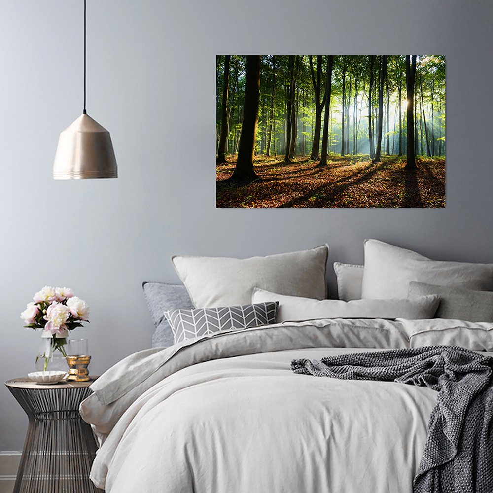Feeby fleece canvas picture Sunbeams In The Forest 120x80 cm Wall Art Print Home Decor Living Room Apartment Decor Nature Trees Green