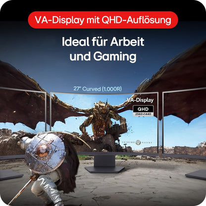 LG Electronics 27GS60QX-B.AEUQ UltraGear™ Curved QHD Gaming VA Monitor 27" (68.4cm), 2560 x 1440, 16:9, 1ms GtG, 180Hz, HDR10, 300 cd/m² brightness (typ.), AMD FreeSync, Dynamic Action Sync - Black