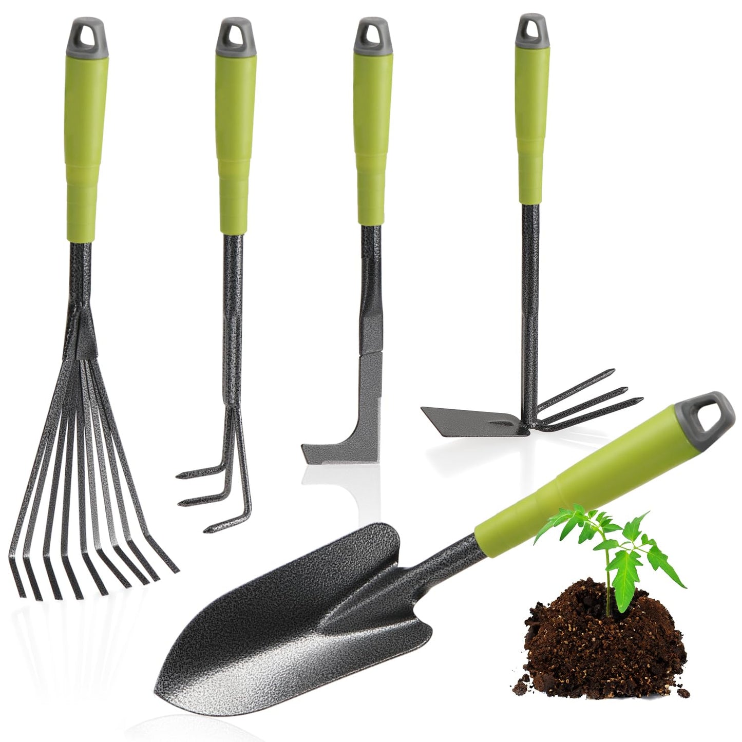 com-four® 5-piece garden tool set - garden set with double hoe, hand fork, joint scraper, hand rake, flower trowel - gardening tools for planting and gardening (5-piece garden set)