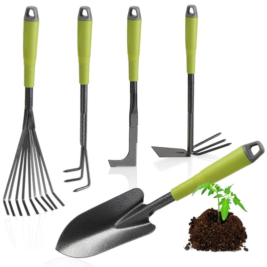 com-four® 5-piece garden tool set - garden set with double hoe, hand fork, joint scraper, hand rake, flower trowel - gardening tools for planting and gardening (5-piece garden set)