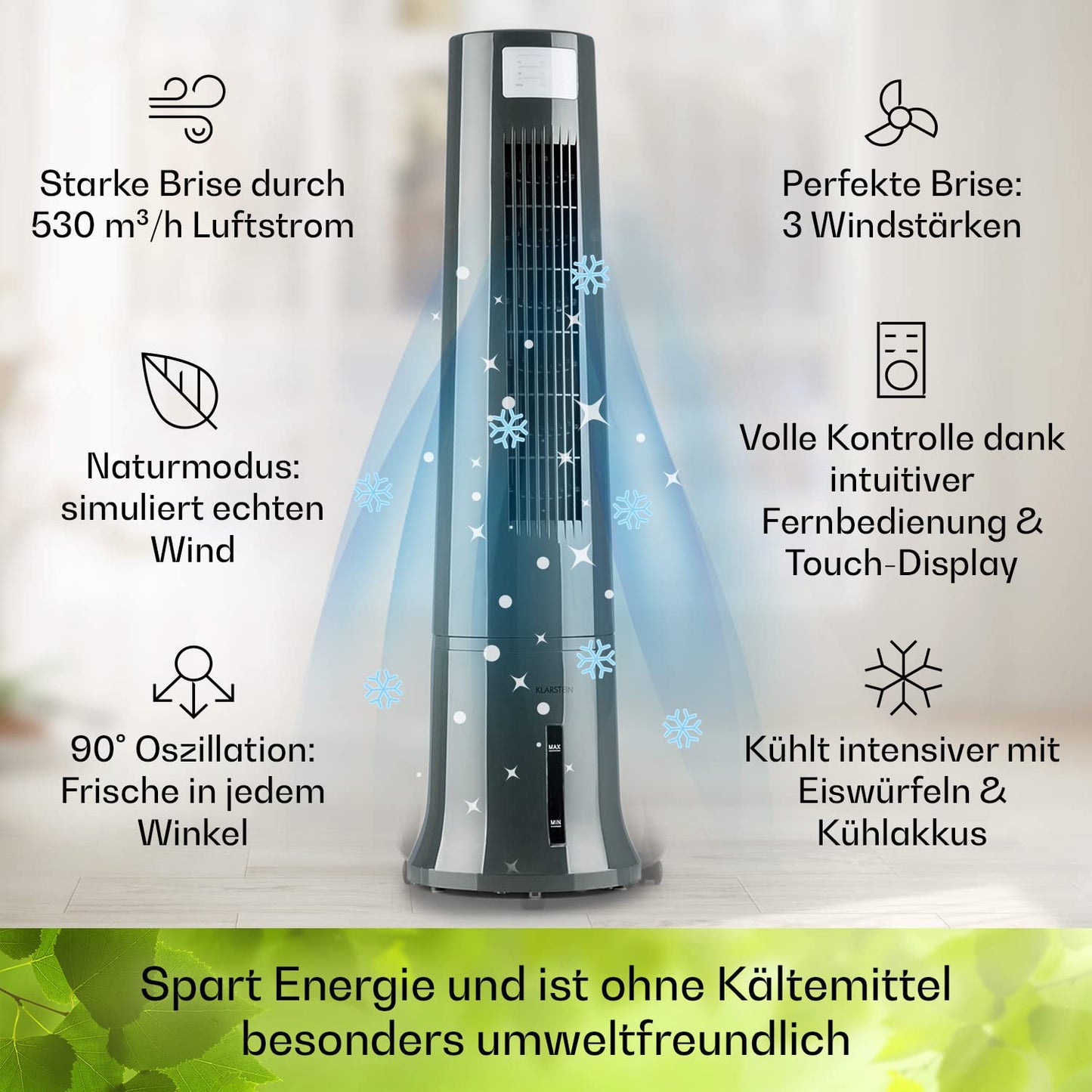 Klarstein portable air conditioner without exhaust hose, 4-in-1 air cooler, quiet fan, humidifier & night mode, mobile air cooler with water cooling, 40 watt, airflow 530m³/h, silver grey.