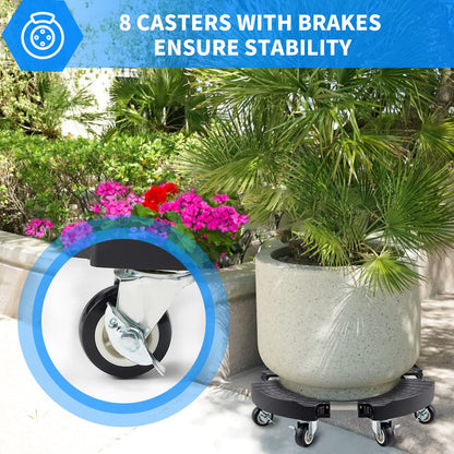 Round plant trolley with 8 wheels, adjustable flower trolley 38-51cm, 150kg carrying capacity. Plant dolly for large planters indoors and outdoors.