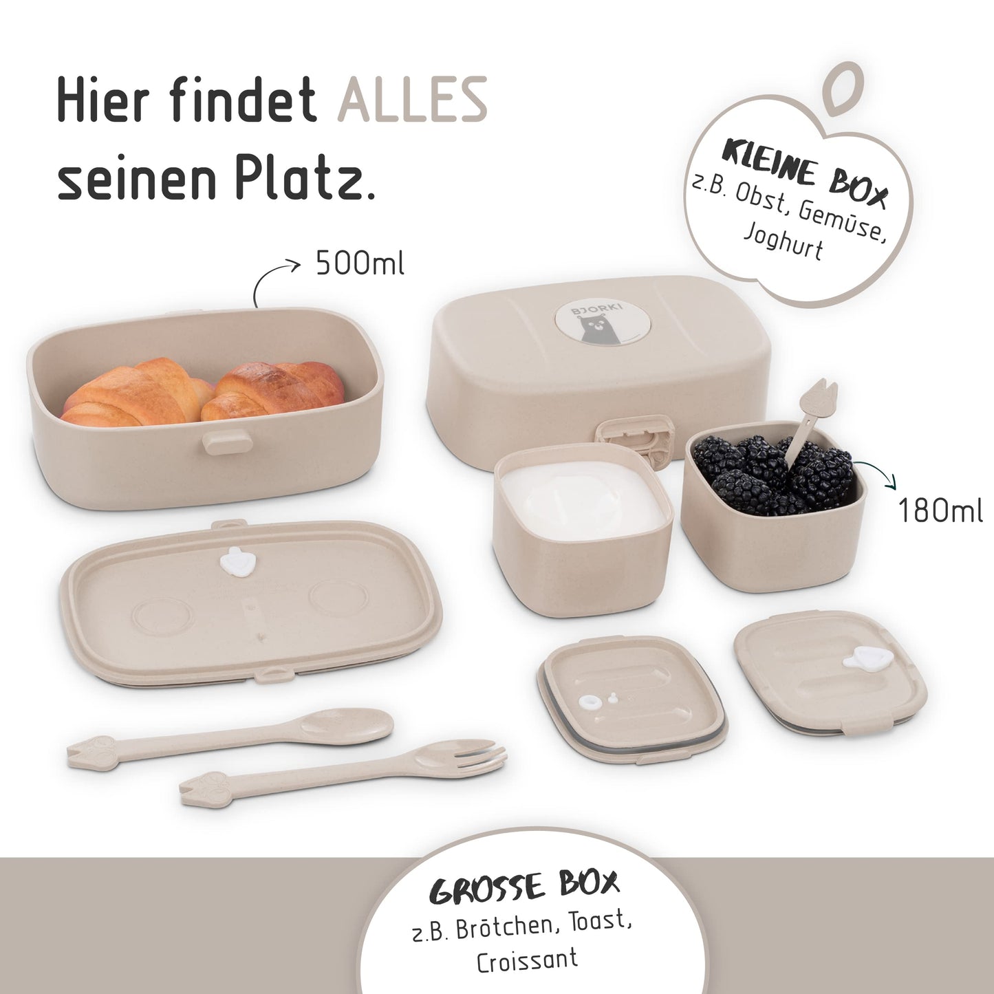 BJORKI® Bento Box for kids with BONUS name stickers - Leakproof lunchbox with compartments - Sustainable lunch box for kindergarten & school - Perfect for on-the-go snacking. (Pastel Beige)
