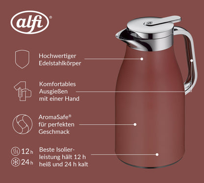 alfi SKYLINE 1.0l, med. red matt, stainless steel insulated carafe with hygienic hard glass insert, twist closure with convenient push button, ergonomic handle, one-hand operation, perfect for serving coffee or tea.