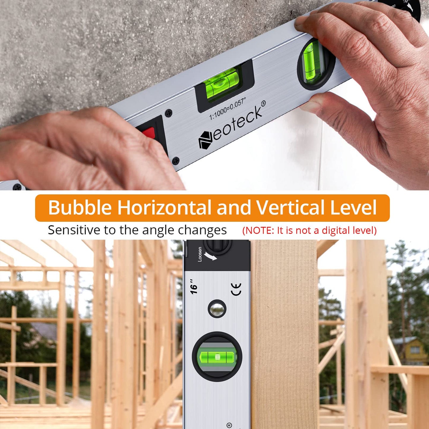 Neoteck Digital Angle Finder 400mm with LCD Spirit Level 0-225° Digital Inclinometer Angle Measuring Tool for vertical horizontal Dual-Level.