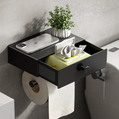 VOLDRA Toilet Paper Holder Without Drilling, Toilet Paper Holder With Wet Wipes Box Toilet Roll Holder With Drawer Shelf Paper Holder for Toilet & Bathroom - Wall Mount (Matte Black)
