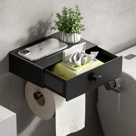 VOLDRA Toilet Paper Holder Without Drilling, Toilet Paper Holder With Wet Wipes Box Toilet Roll Holder With Drawer Shelf Paper Holder for Toilet & Bathroom - Wall Mount (Matte Black)