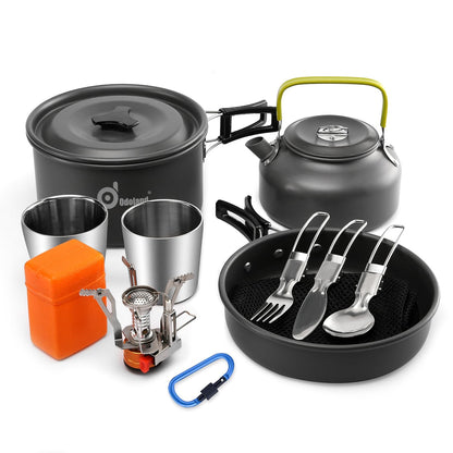 Odoland cookware set for 1-2 people, includes mini gas stove, portable aluminum pot, teapot, cups, foldable utensils. Perfect for camping, outdoor picnics, and hiking.