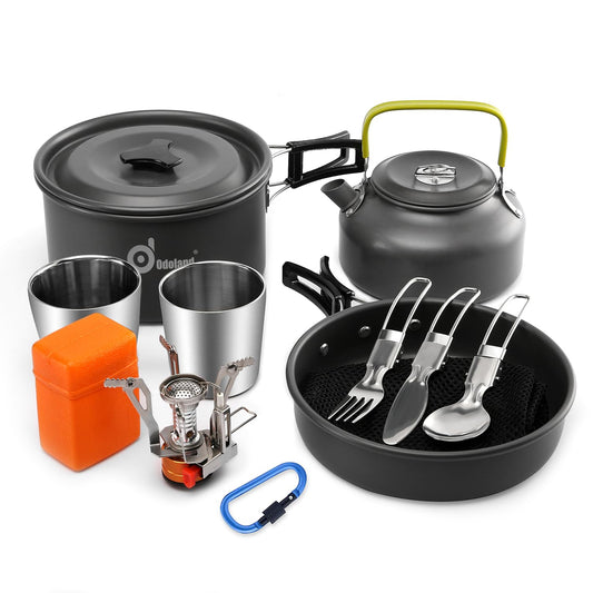 Odoland cookware set for 1-2 people, includes mini gas stove, portable aluminum pot, teapot, cups, foldable utensils. Perfect for camping, outdoor picnics, and hiking.