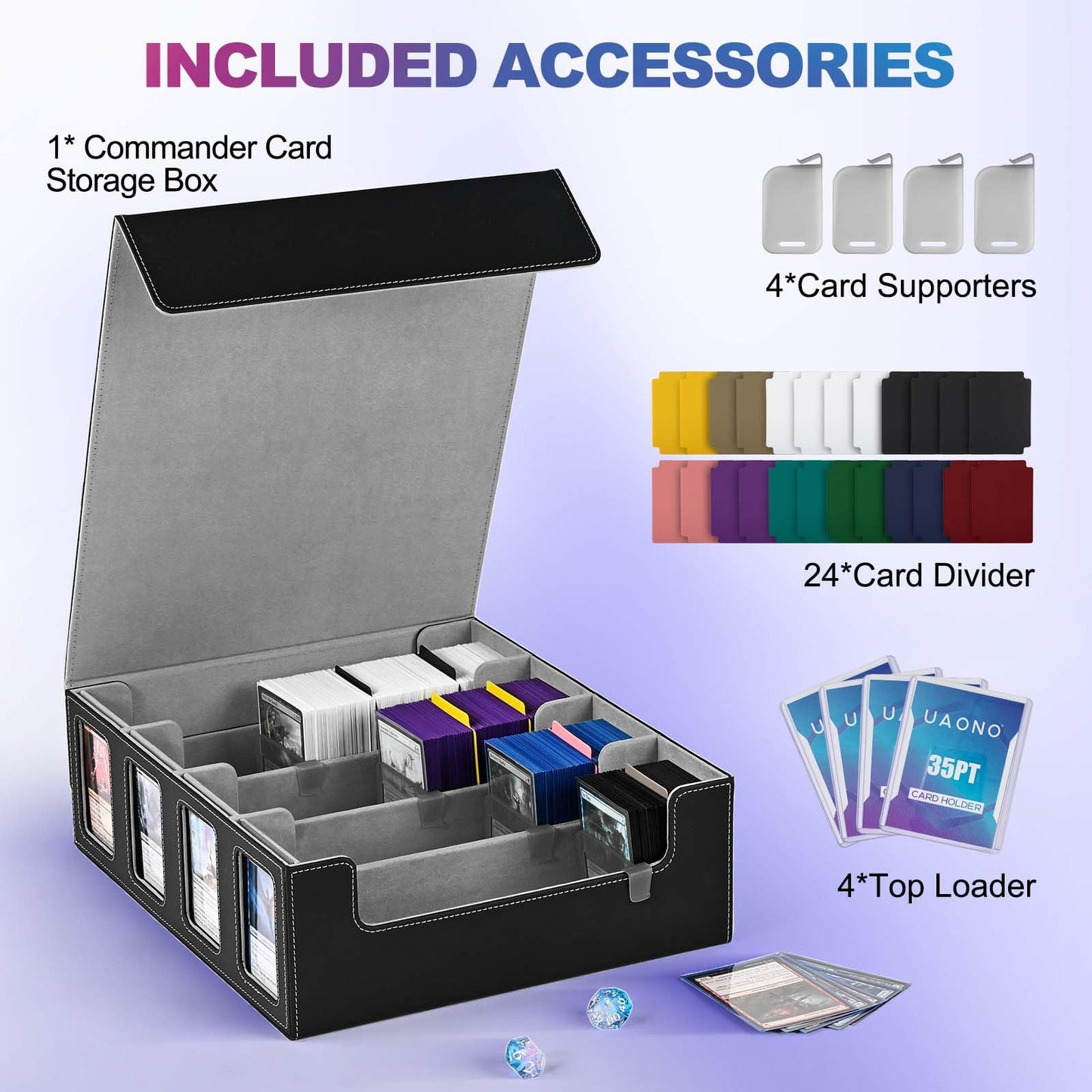 UAONO Trading Card Storage Box for Commander display, 2400+ MTG deck box with 4 toploaders, TCG card case suitable for Magic PTCG sports cards (black & gray)
