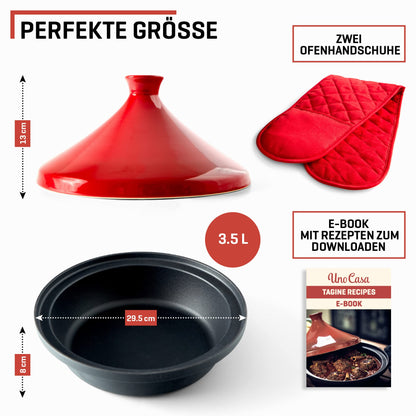 Uno Casa Moroccan Tajine Casserole Dish - 3.5 L cast iron pot with enameled cast iron base and cone-shaped lid