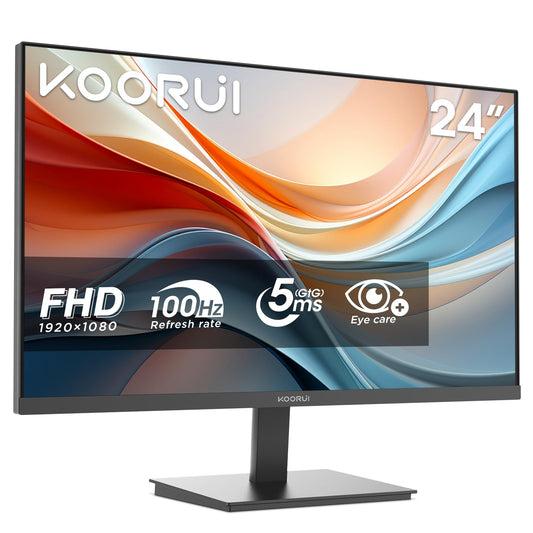 KOORUI E2412F 24-inch monitor, FHD 1920 x 1080 100Hz PC monitor, HDMI 1.4, eye care screen, 5ms GtG, tilt angle of 5° to 15°, VESA 100 x 100mm.