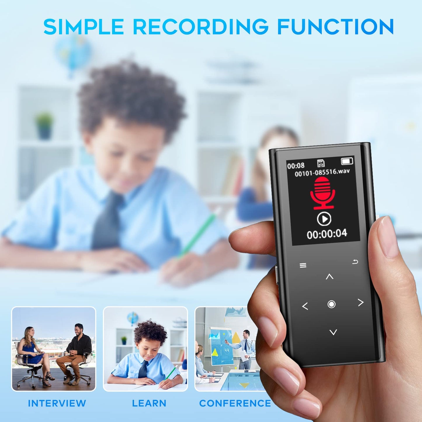 64GB MP3 player, ZOOAOXO with Bluetooth 5.2, built-in HD speaker, FM radio, voice recorder, mini design, 70g weight, HiFi sound, perfect for sports, headphones included.
