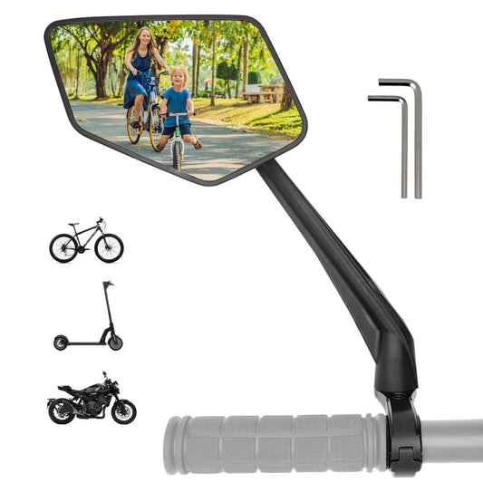 REEZER Bicycle Mirror left with extra large mirror surface - 360° adjustable bicycle mirror for E-bike & E-scooter handlebars - Rearview mirror compatible with all models - LEFT