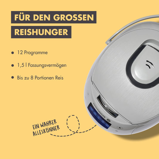 REISHUNGER Digital Rice Cooker & Steamer Gray | 1.5 L for up to 8 persons | Keep warm function, timer & premium inner pot | Multicooker, 12 programs, 7-phase technology