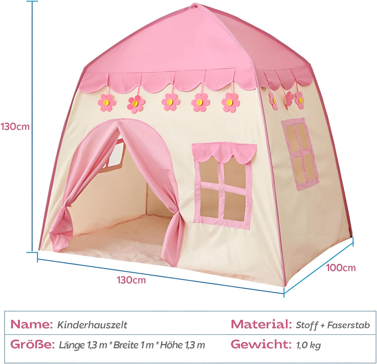 Indoor children's tent, play tent for kids, girls' playhouse, 130*100*130CM large children's play tent, children's play tent (pink)