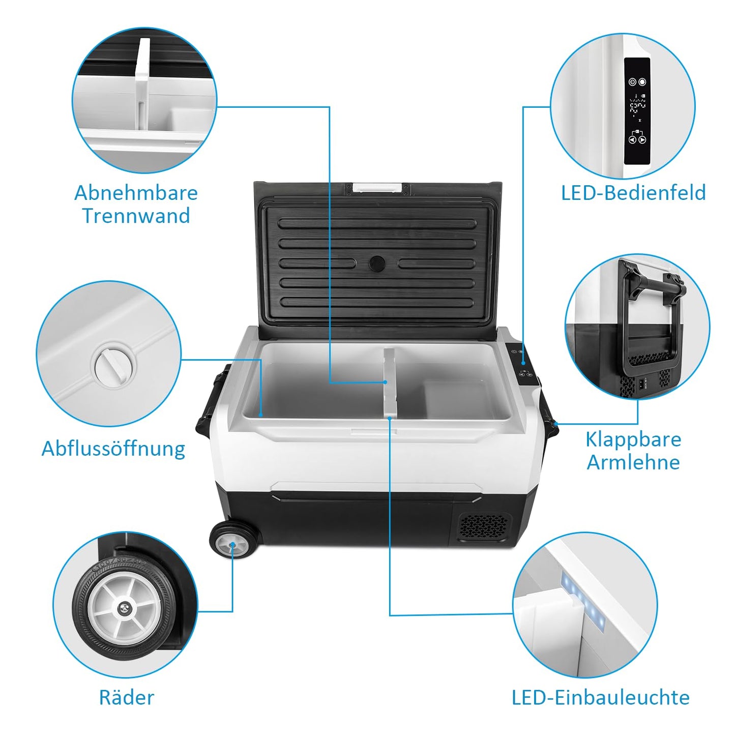 Fullwatt compressor cooler 35L with wheels, freezer with WIFI-APP control, cooling down to -20°C, electric fridge 12V 24V 220V-240V anti-shaking, freezer for camping car, truck, boat.