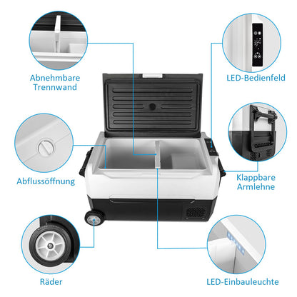 Fullwatt compressor cooler 35L with wheels, freezer with WIFI-APP control, cooling down to -20°C, electric fridge 12V 24V 220V-240V anti-shaking, freezer for camping car, truck, boat.