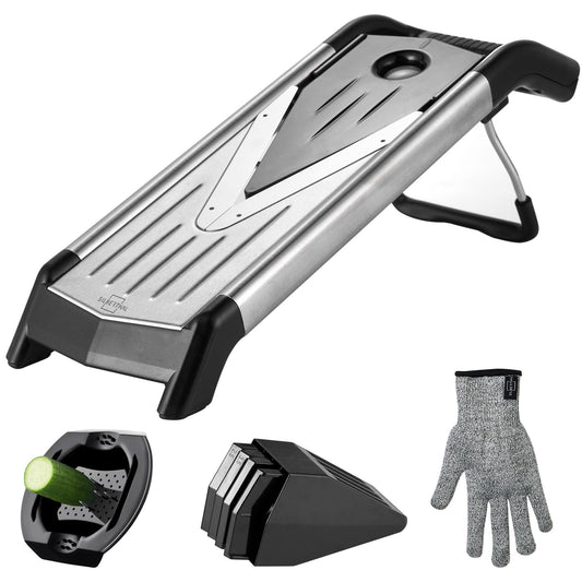 SILBERTHAL Vegetable Slicer Mandoline - V-shaped slicer with inserts - Sharp blade - Space-saving storage