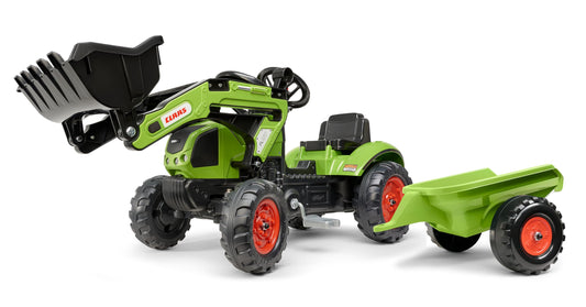 Falk 2040ML Claas Pedal Backhoe Loader with Trailer, Pedal Backhoe, Children's Pedal Tractor with Steering Wheel and Horn, for kids aged 2 to 5, Ride-On Toy - Green