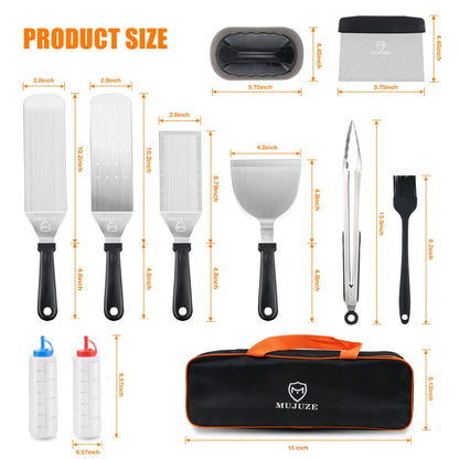 MUJUZE stainless steel grill spatula set, gift for men dad plancha spatula grill accessories in case, professional pancake turner grill spatula accessory for teppanyaki and camping.