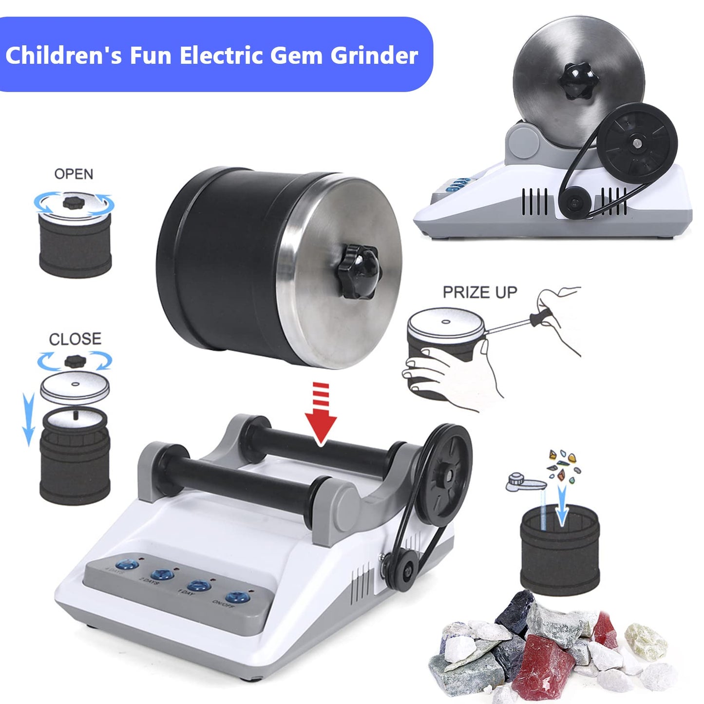 Rock Tumbler Kit, Professional Stone Polishing Drum Set Rock Polisher for Kids and Adults 7 Day Timing Function 4 Types of Polishing Powder