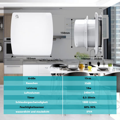 Gimisgu bathroom fan with humidity sensor. Quiet 150mm exhaust fan with timer and backdraft damper. Wall-mounted fan for kitchen, toilet, and bathroom. White color.