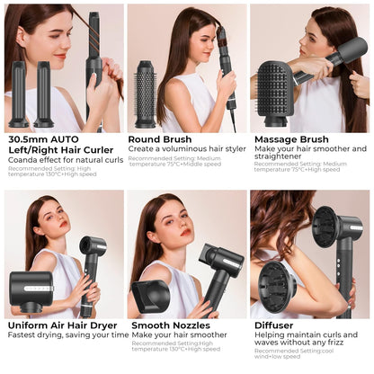 Hair styler 7 in 1, UKLISS Ionic Hair Dryer with Various Attachments: hot air brush, round brush, automatic curling iron, high-speed hair dryer with diffuser, hair straightening brush, gifts for women.