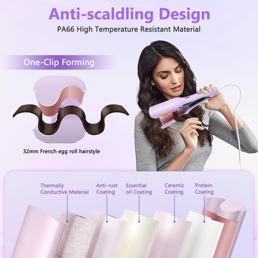 LIROPAU Curling Iron Large Waves, French Wave Curling Iron, 32mm for French Egg Rolls, Wave Iron rods with Adjustable Temperature 30S Swift Heating (Purple)