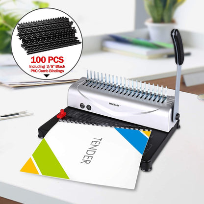 MAKEASY Binding Machine, 21 holes, binds 450 sheets, 12 sheet punching capacity, with starter kit of 100 pieces PVC binding spines, perfect for daily office documents.