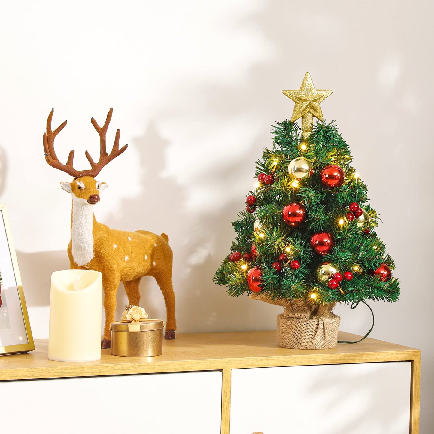 Yorbay Mini Christmas tree with 20 warm white LEDs 8 light modes, tree with star tree top and decoration battery operated, for Christmas, Advent, about 40cm (Reusable)