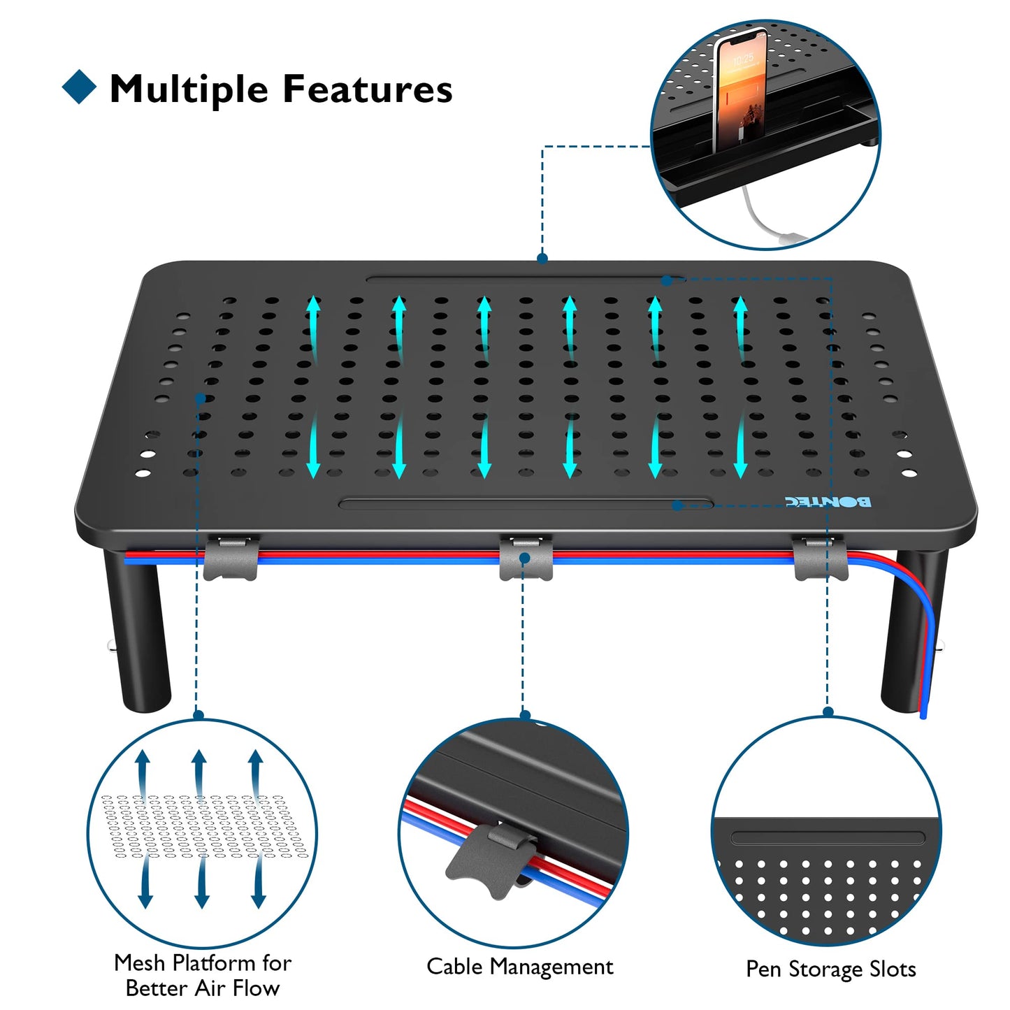 BONTEC Monitor Stand with Drawer, 3 Height Adjustable Monitor Riser for Desk with Mesh Platform for Monitor, Laptop, Computer, iMac, Printer up to 20 kg, Cable Ties Included